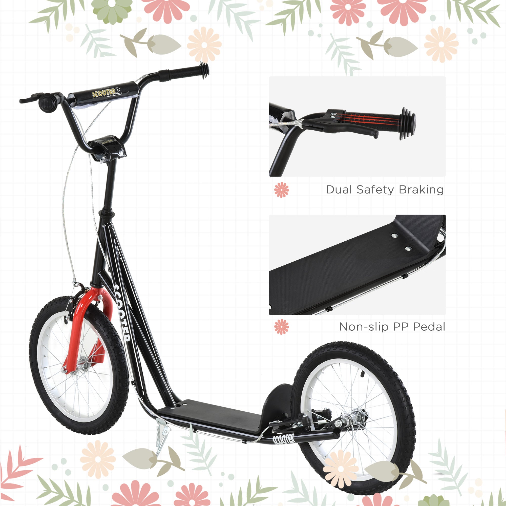 Trottinette pour Enfants, Noire, Guidon Réglable, Freins Arrière Doubles, Roues Gonflables