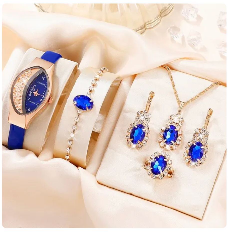 Montre de Mode avec Bijoux Complémentaires : Montre Quartz, Collier, Bracelet, Bague et Boucles d'Oreilles