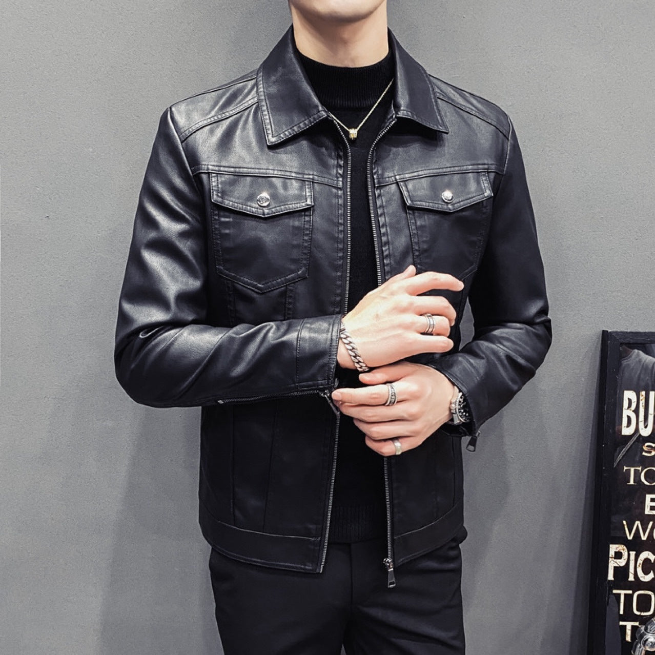 Veste en Cuir Matelassée Casual pour Hommes - Automne Hiver
