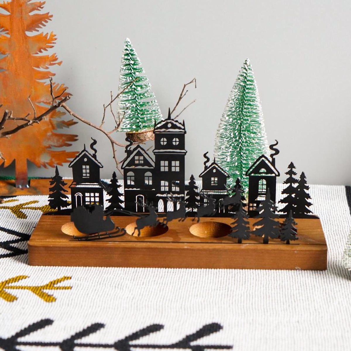 Bougeoir en Fer Forgé pour Arbre de Noël avec Base en Bois