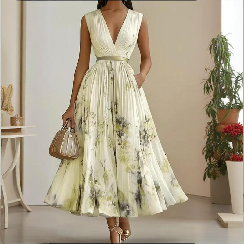 Robe Maxi Femme à Imprimé Floral et Décolleté en V Profond avec Poches - Robe d'Été Flottante