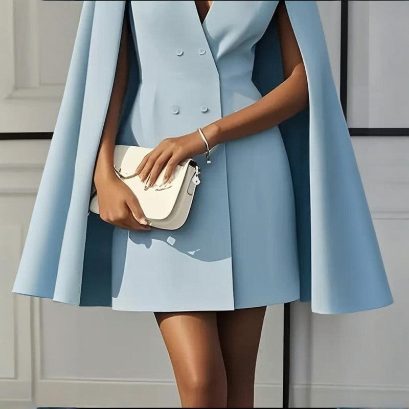 Robe Blazer Cape Élégante Femme en Couleur Unie avec Col V Double Boutonnage pour Printemps & Été