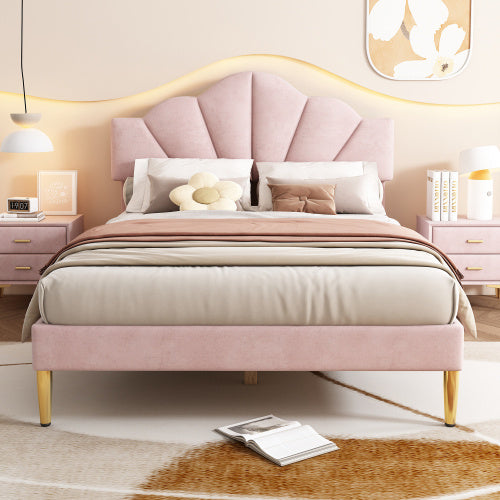 Lit en Velours Rose 150x200 cm avec Pieds en Fer Doré