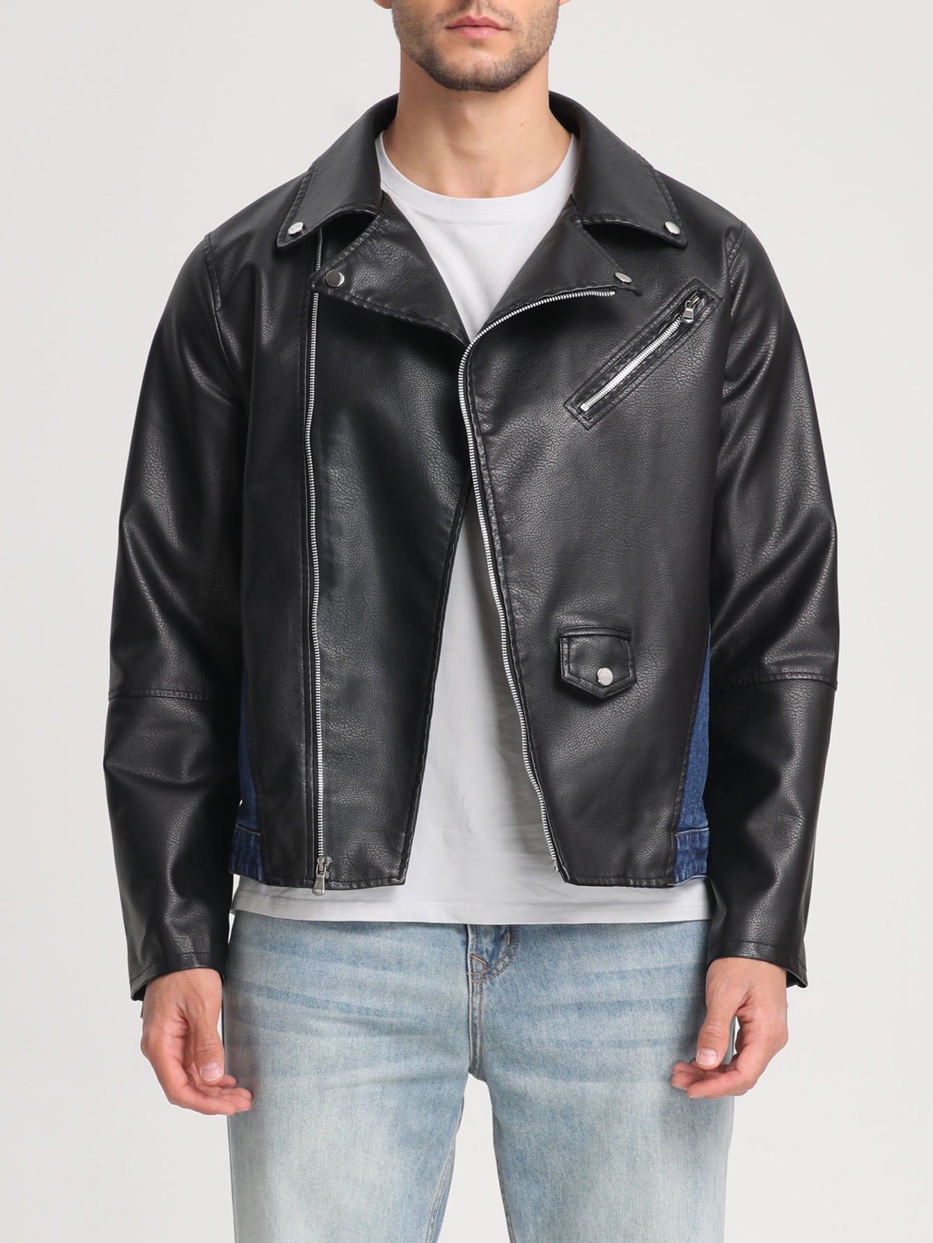 Veste en Jean à Patches pour Hommes, Veste de Travail à Fermeture Éclair Diagonale