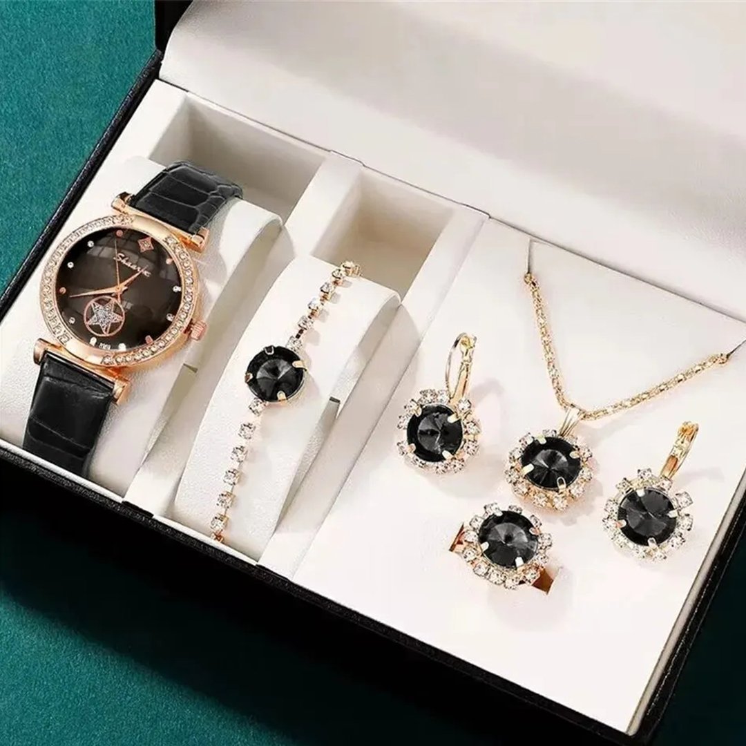 Montre de Mode avec Bijoux Complémentaires : Montre Quartz, Collier, Bracelet, Bague et Boucles d'Oreilles