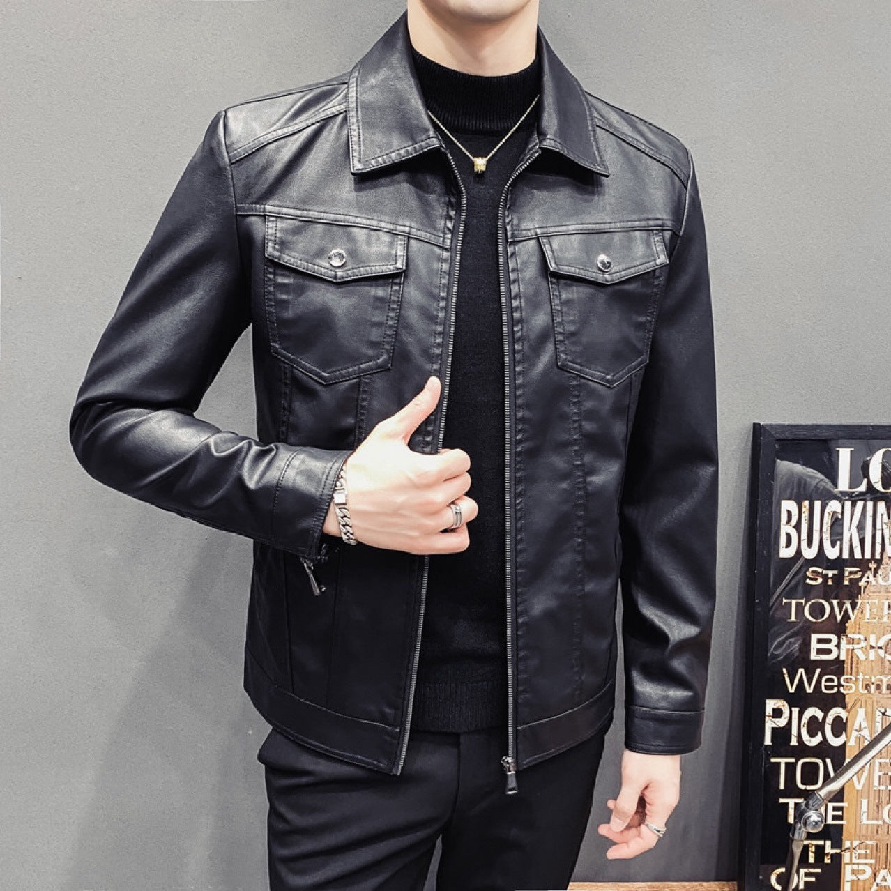 Veste en Cuir Matelassée Casual pour Hommes - Automne Hiver