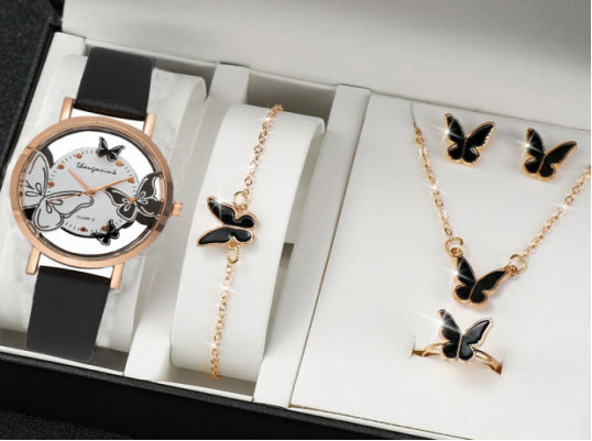Montre de Mode avec Bijoux Complémentaires : Montre Quartz, Collier, Bracelet, Bague et Boucles d'Oreilles