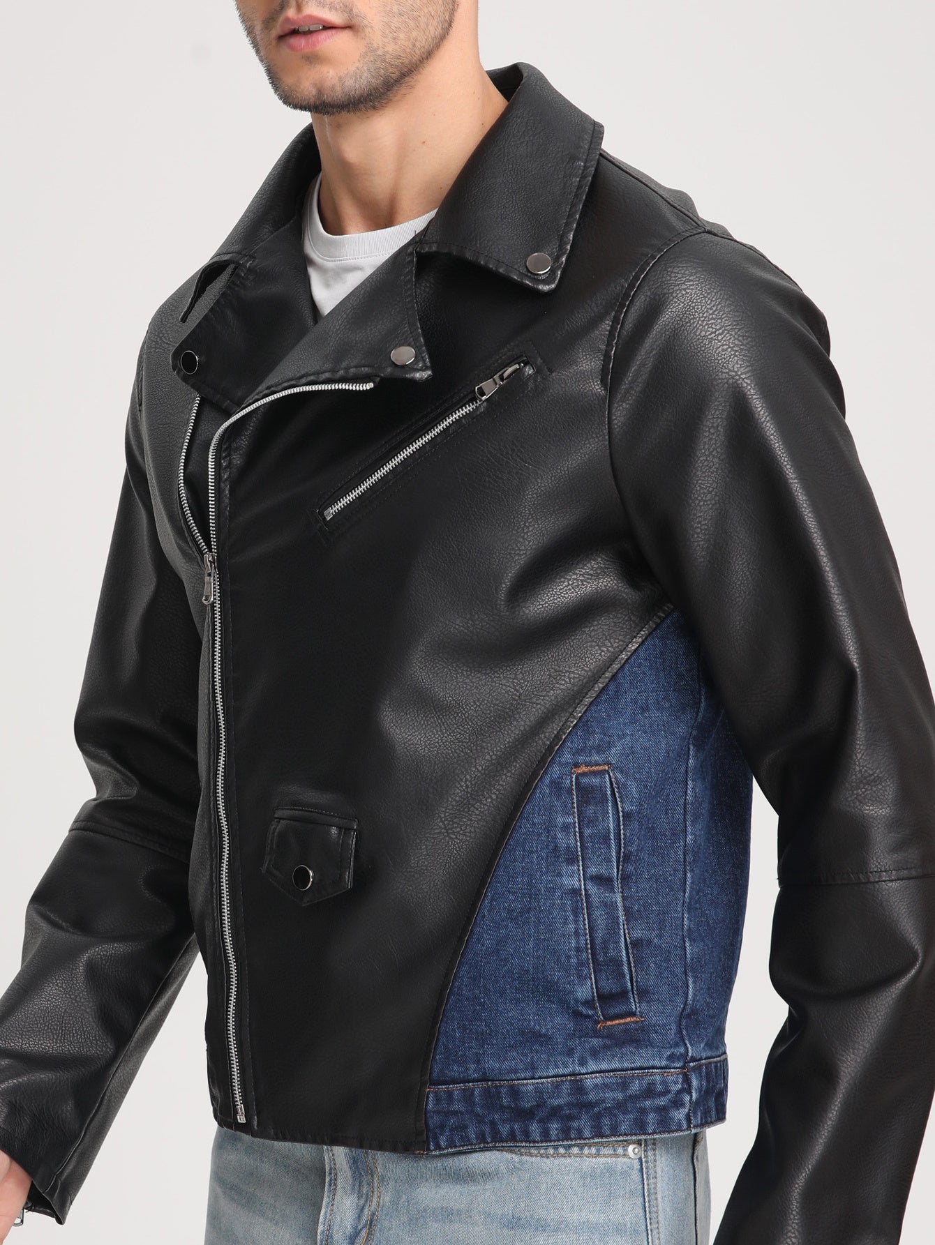 Veste en Jean à Patches pour Hommes, Veste de Travail à Fermeture Éclair Diagonale