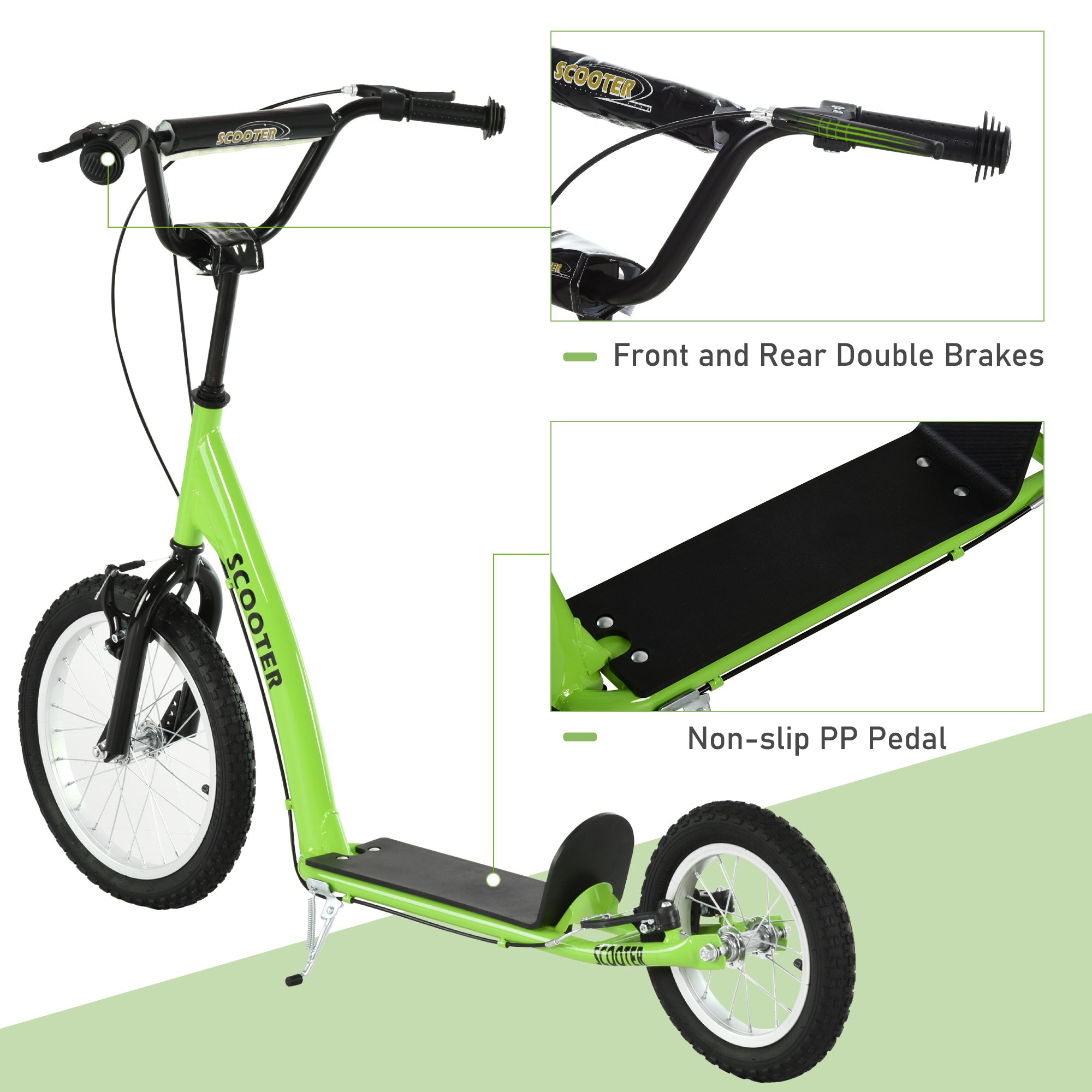 Trottinette pour Enfant Avec Guidon Réglable, Freins Doubles et Roues Gonflables - Vert