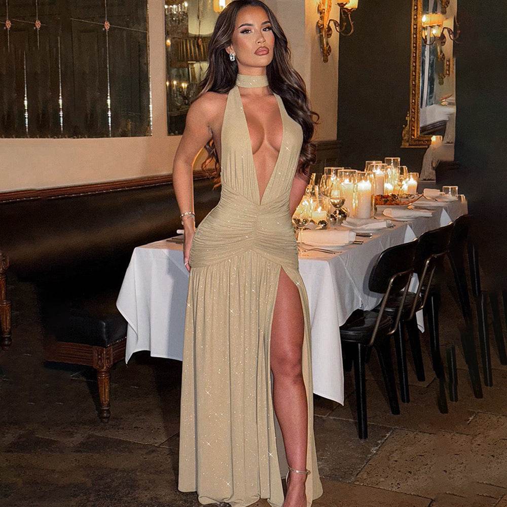Robe en Soie Éclatante dos Nu V-cou - Allomarc.com
