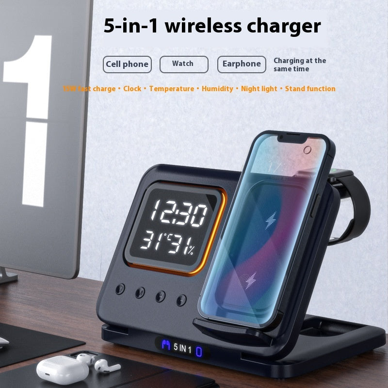 Station de Charge Sans Fil 15W avec Horloge Numérique LED et Support 5 en 1