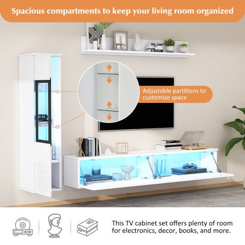 Ensemble de 3 unités murales TV, meuble TV LED, cabinet TV haut brillant, mobilier de salon blanc - Allomarc.com