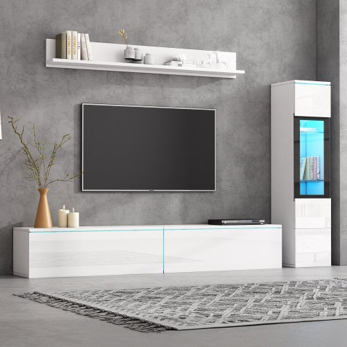 Ensemble de 3 unités murales TV, meuble TV LED, cabinet TV haut brillant, mobilier de salon blanc - Allomarc.com