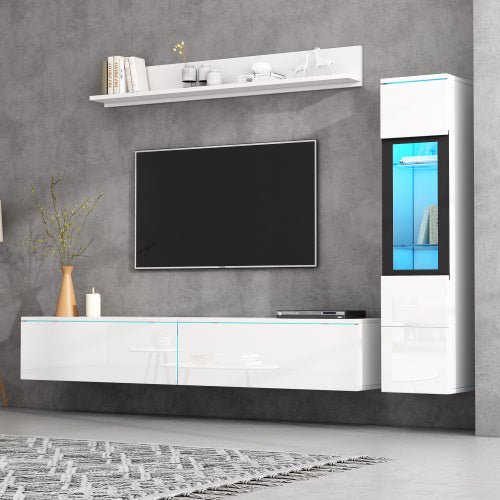 Ensemble de 3 unités murales TV, meuble TV LED, cabinet TV haut brillant, mobilier de salon blanc - Allomarc.com