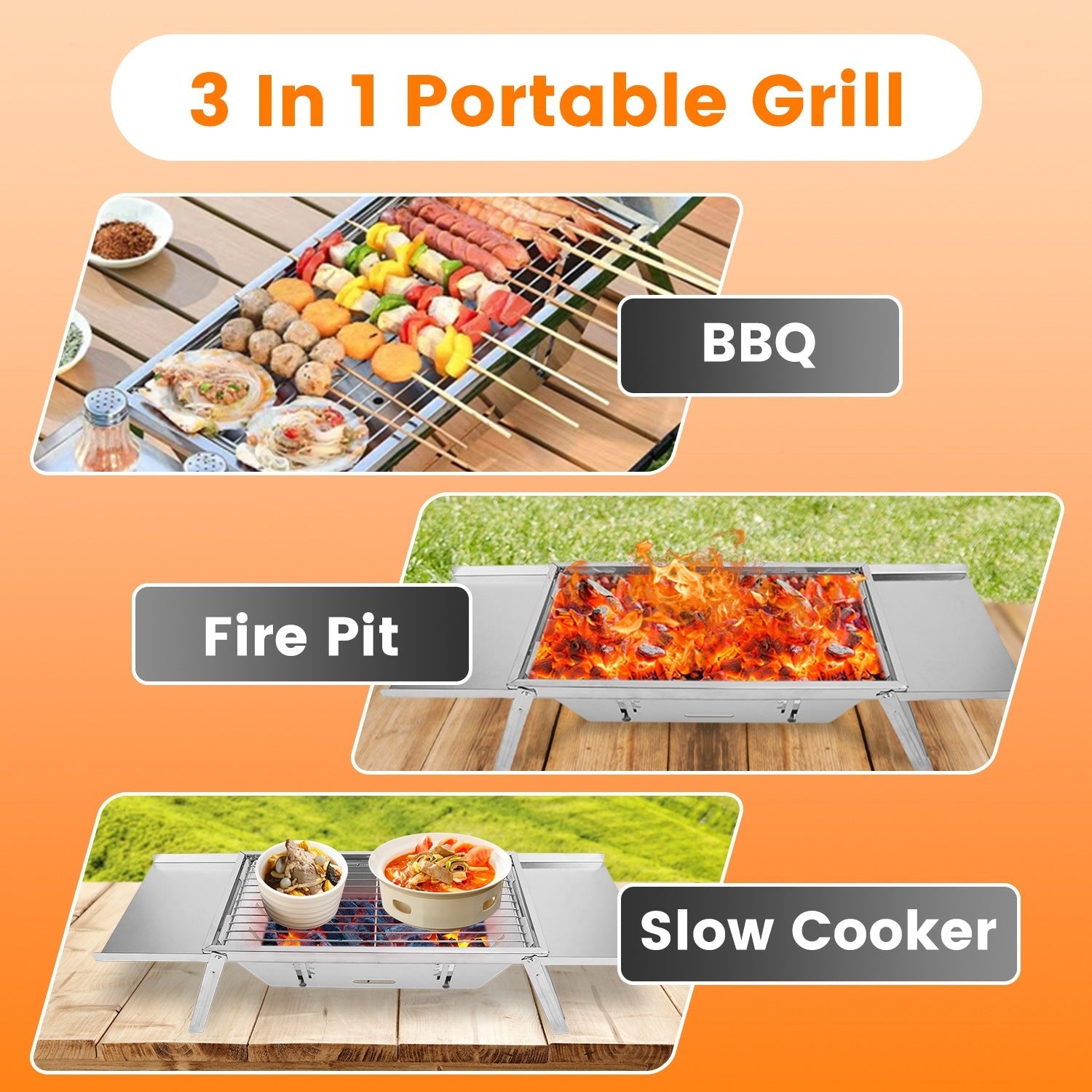 Ensemble de Grill Portable 3 en 1 Pliable Charbon de Bois pour 2 - 3 Personnes - Allomarc.com