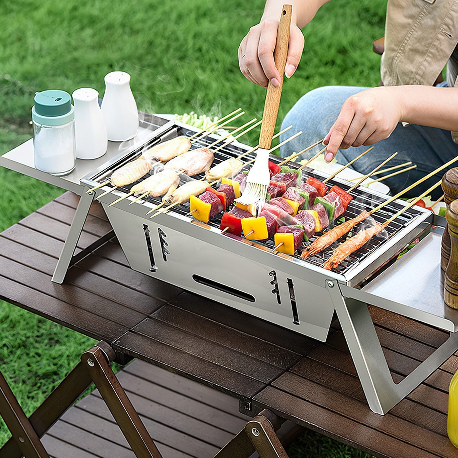 Ensemble de Grill Portable 3 en 1 Pliable Charbon de Bois pour 2 - 3 Personnes - Allomarc.com