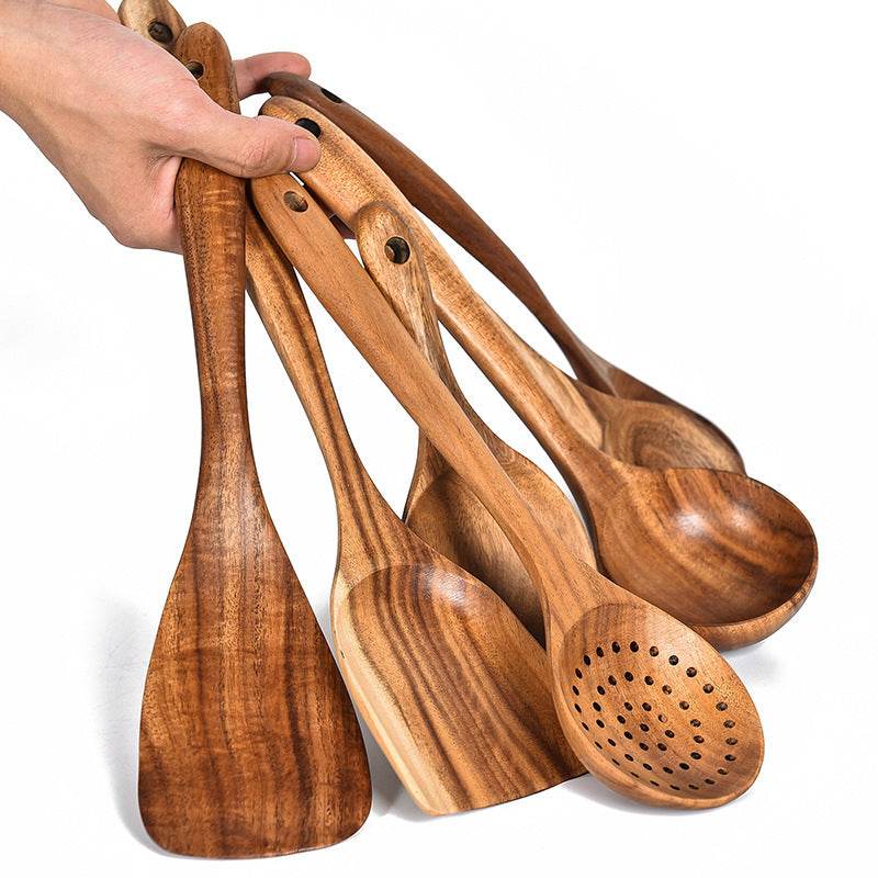 Ensemble d'ustensiles de cuisine en bois de teck - Allomarc.com