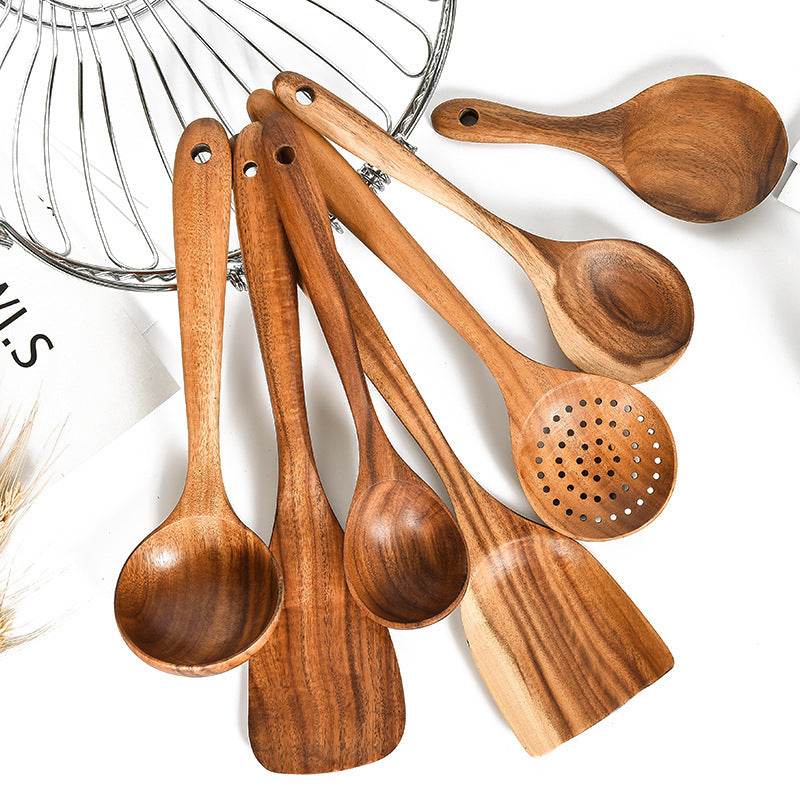 Ensemble d'ustensiles de cuisine en bois de teck - Allomarc.com