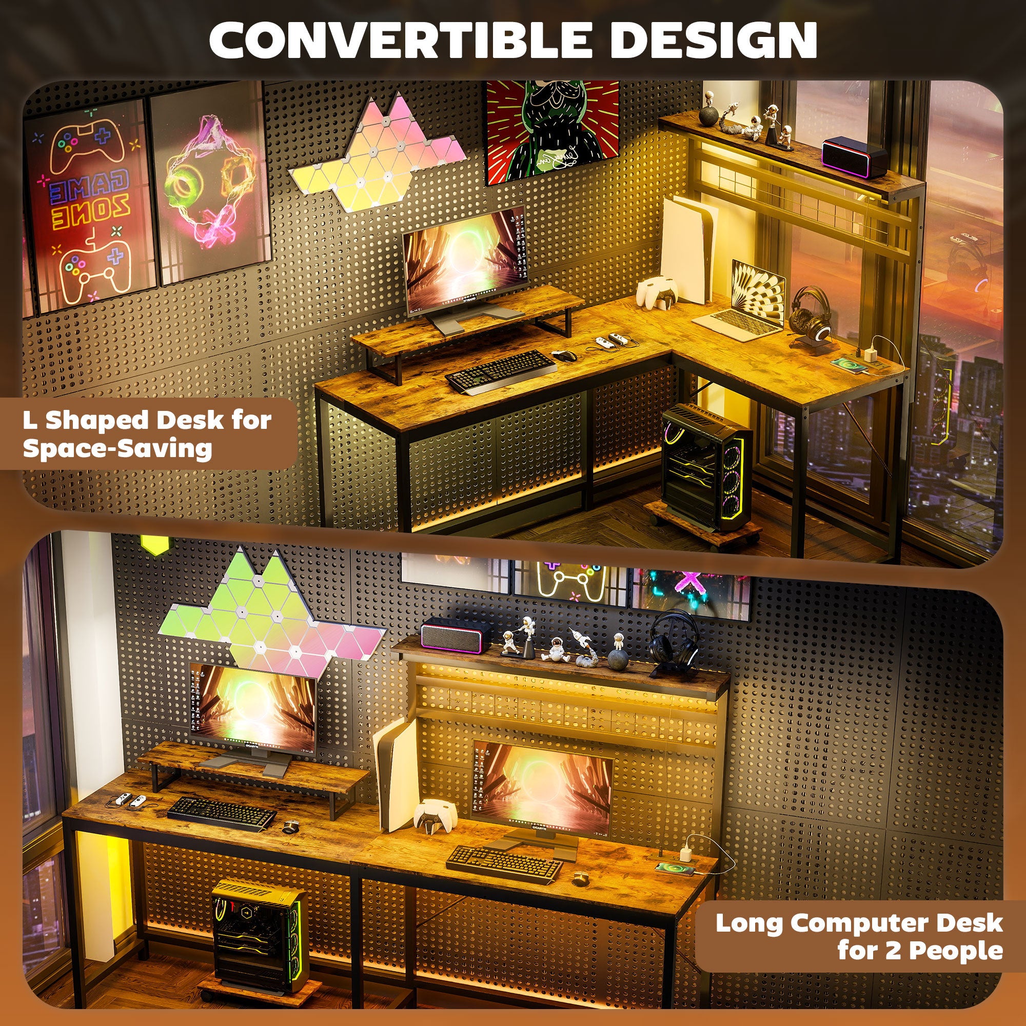 Bureau de Jeu L-Shaped de 61,6 L avec Prises Électriques et Lumières LED, Bureau d'Ordinateur avec Support pour Moniteur et Étagère CPU, Marron Rustique