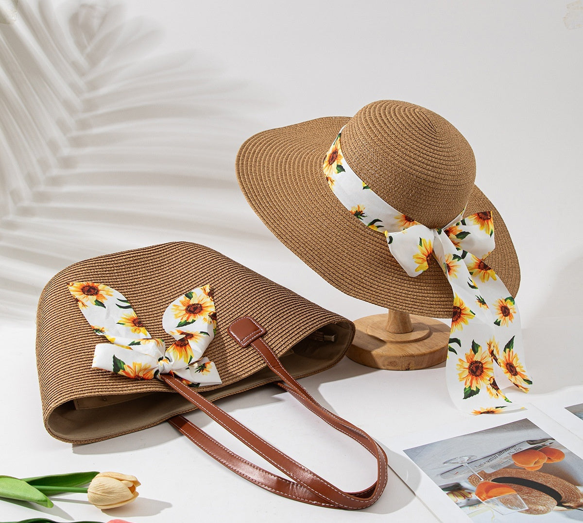 Ensemble de Sac et Chapeau en Paille pour Protection Solaire lors de Vacances à la Plage