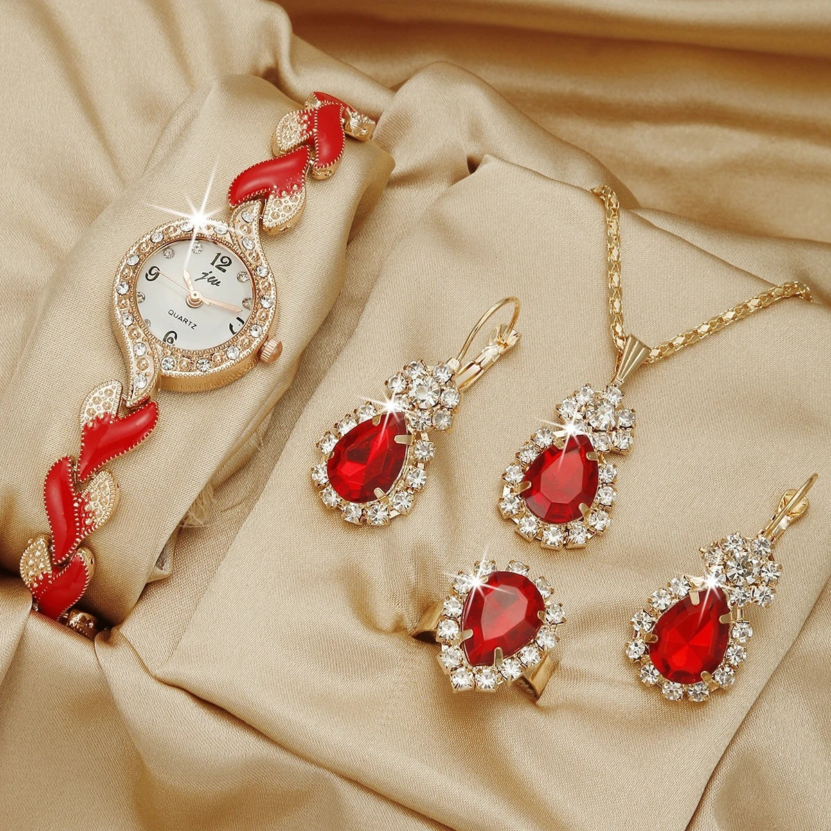 Montre de Mode avec Bijoux Complémentaires : Montre Quartz, Collier, Bracelet, Bague et Boucles d'Oreilles