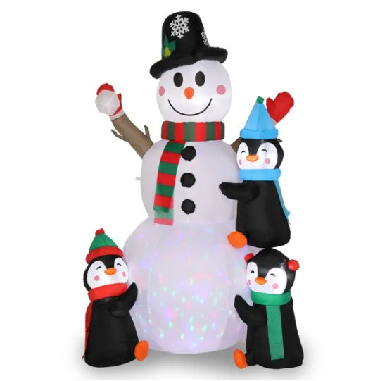 Décoration Gonflable de Jardin : Bonhomme de Neige de 6 Pieds avec 3 Pingouins et Lumières