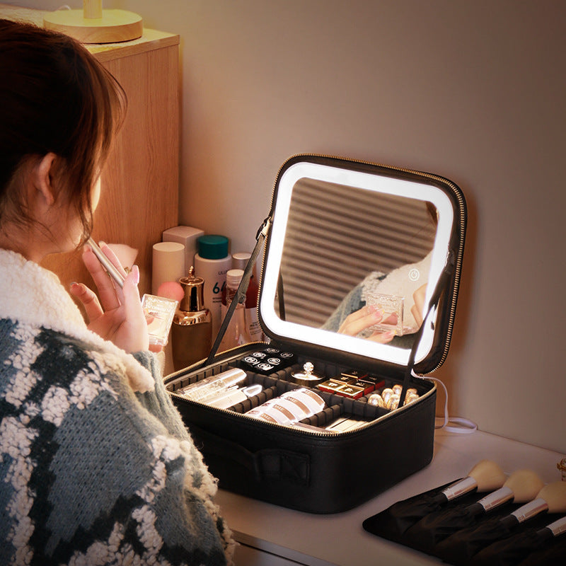 Trousse de Maquillage avec Miroir et Lumière LED - Boîte de Rangement pour Soins de la Peau
