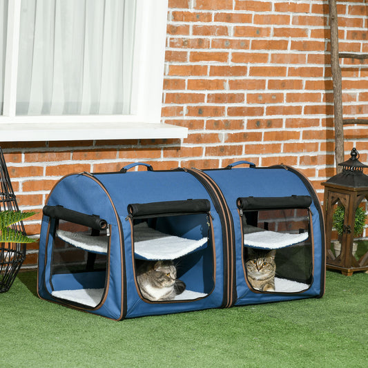 Cage à Chats Portable à Double Compartiment 39" - Kennel Souple avec Coussins Doux - Sac de Rangement Bleu
