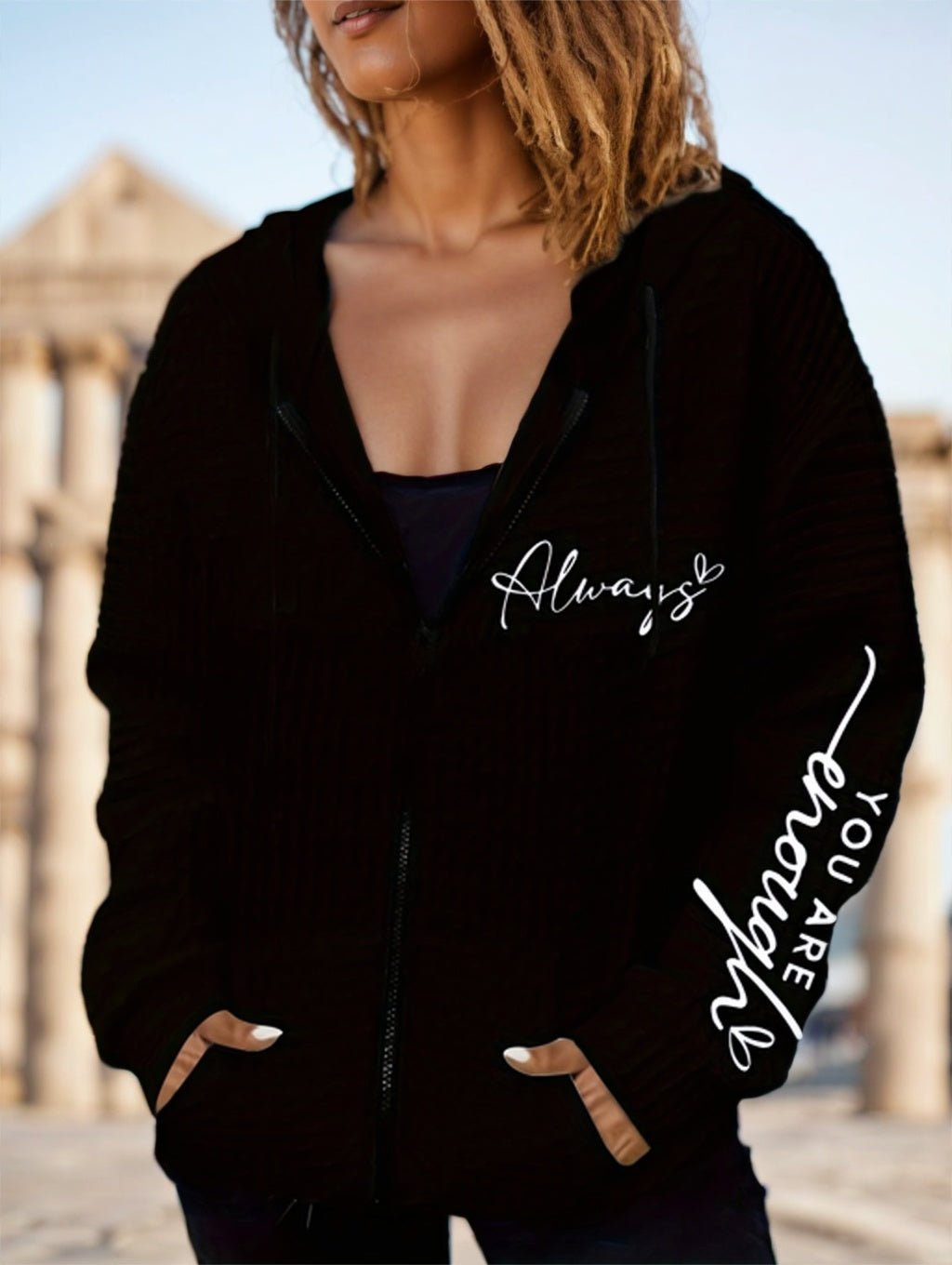 Hoodie à zip avec imprimé lettres et poches doubles - Allomarc.com