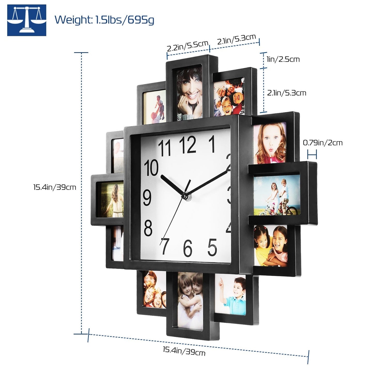Horloge Cadre Photo 1Pc avec Collage de 12 Photos - Décoration Murale - Allomarc.com