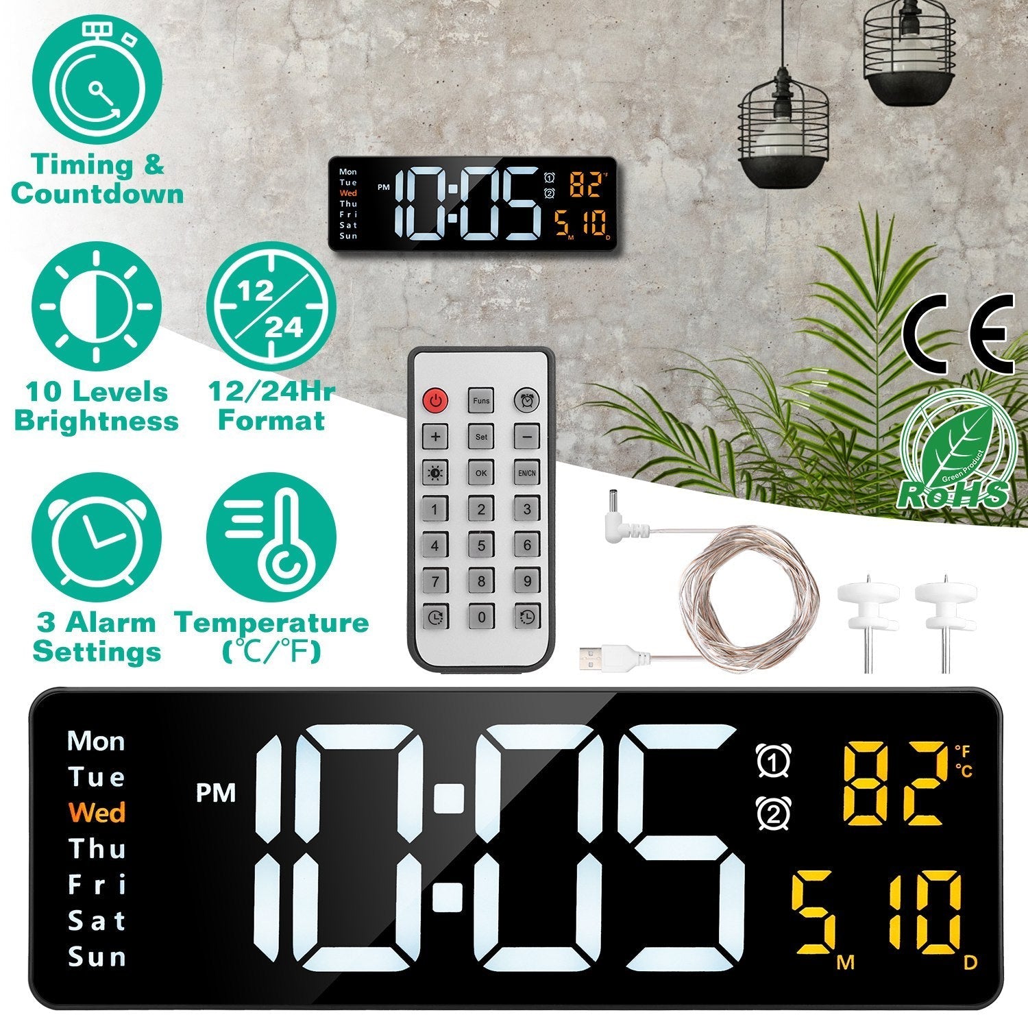 Horloge Murale Numérique LED 15.7in avec Télécommande - Allomarc.com