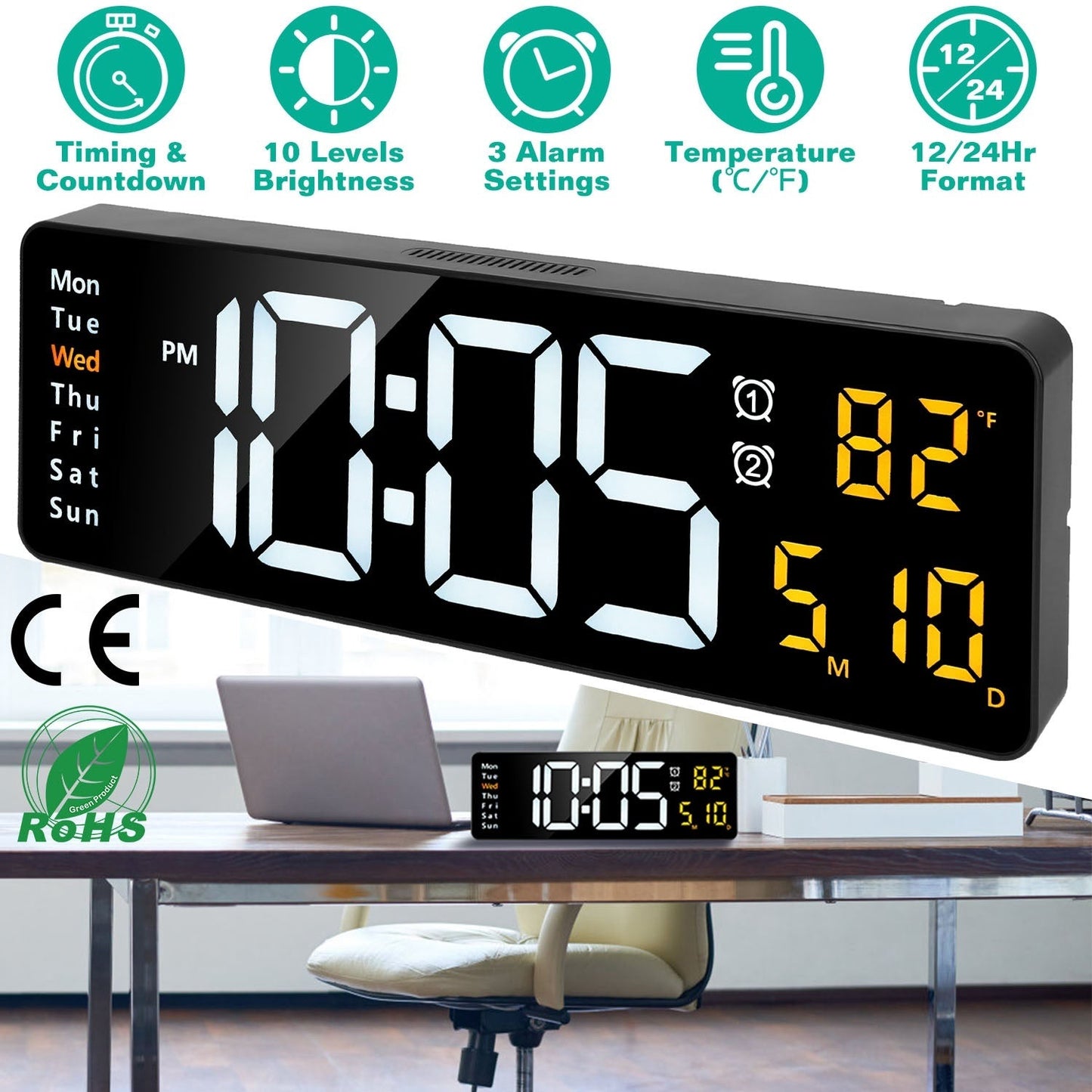 Horloge Murale Numérique LED 15.7in avec Télécommande - Allomarc.com