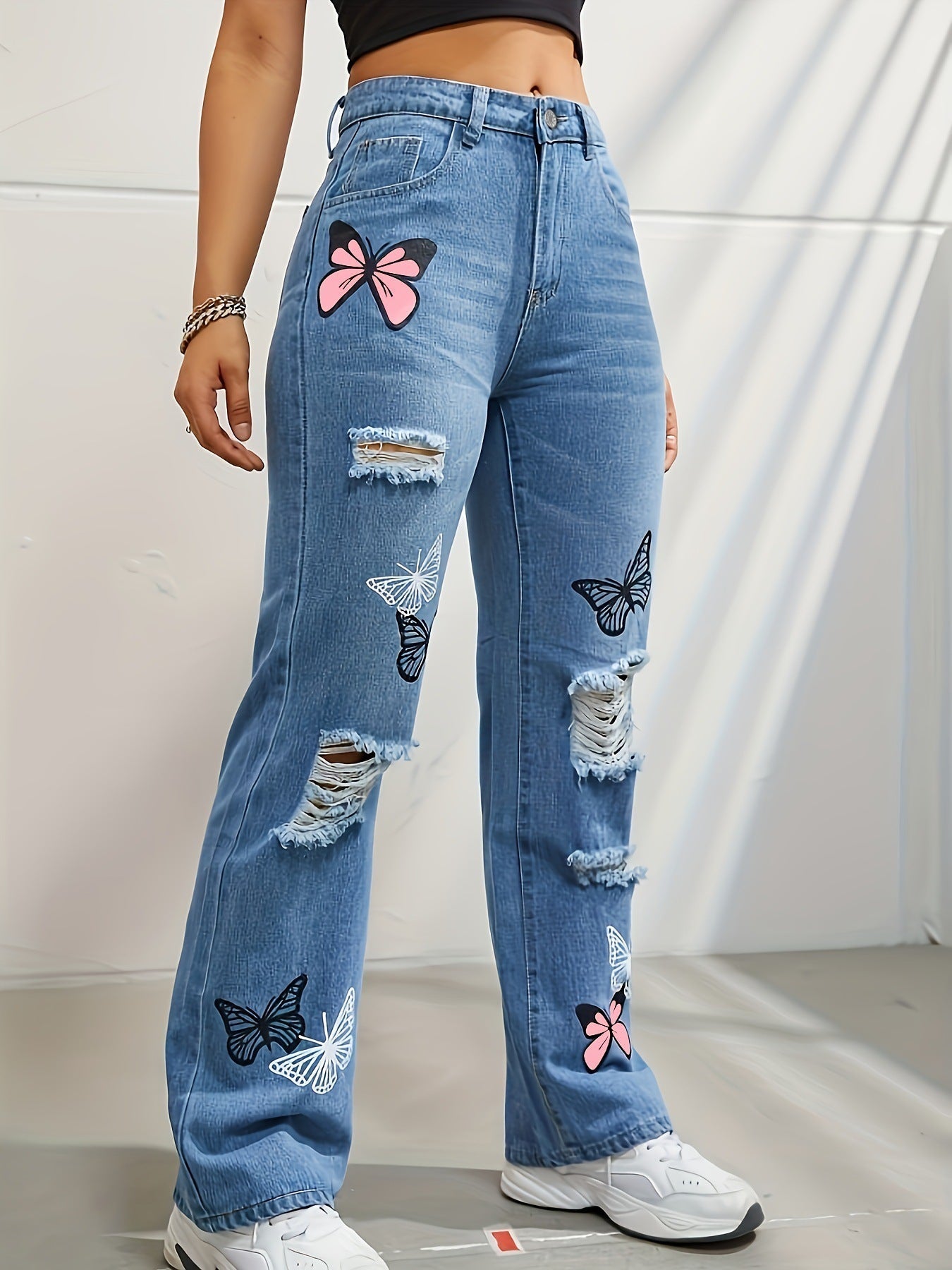 Jeans Taille Haute Droits Femme Imprimé Papillon Dénim Distressé - Allomarc.com