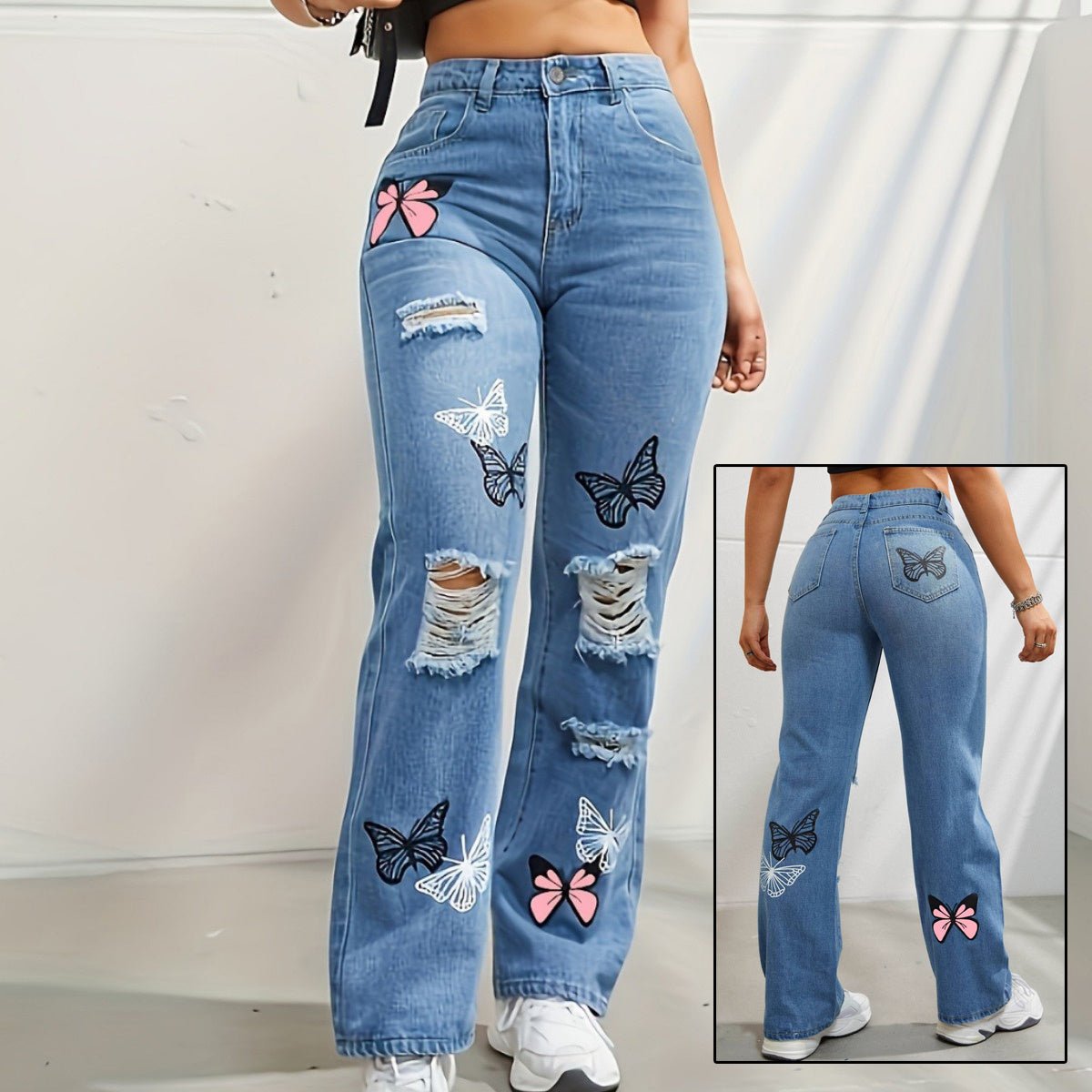 Jeans Taille Haute Droits Femme Imprimé Papillon Dénim Distressé - Allomarc.com