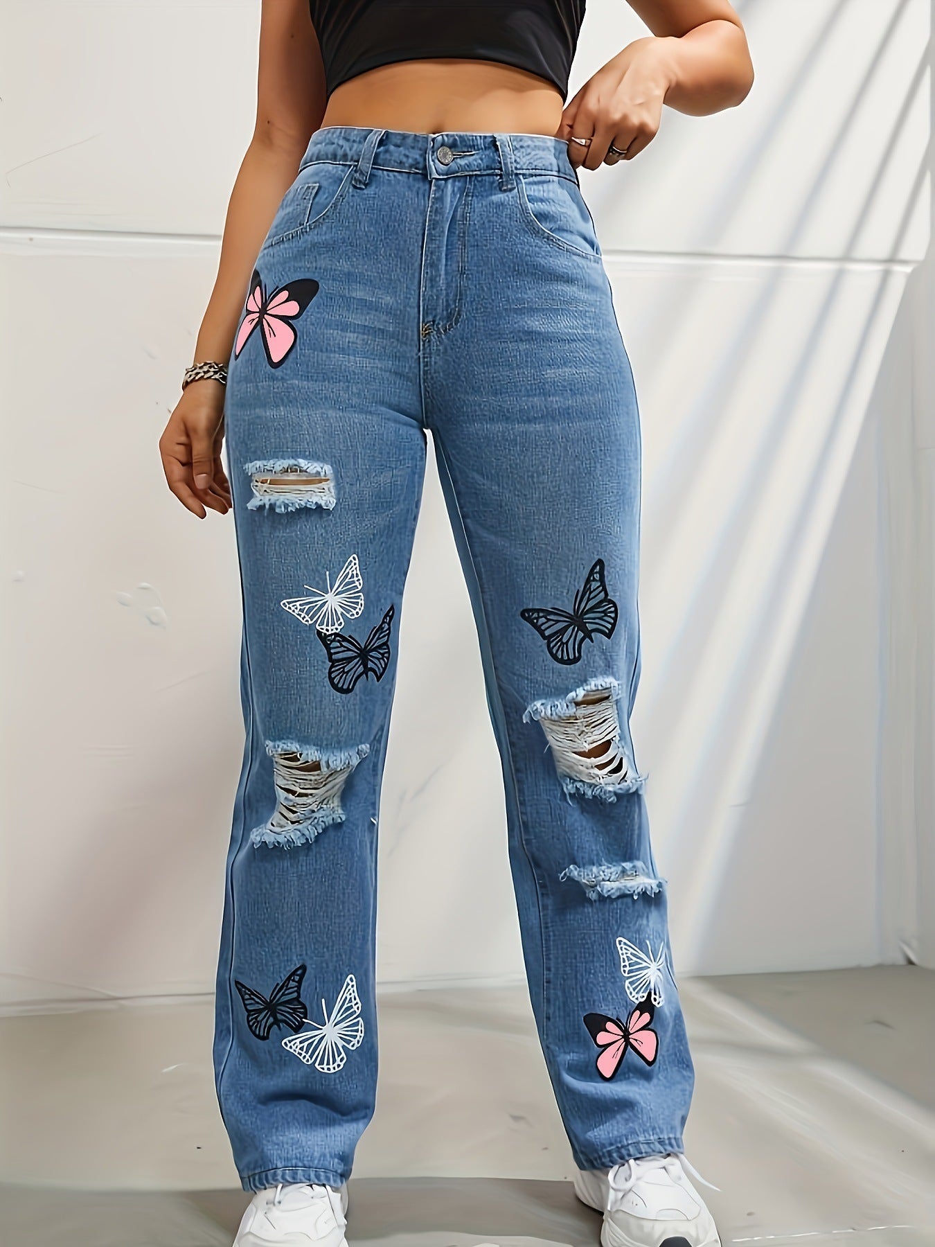 Jeans Taille Haute Droits Femme Imprimé Papillon Dénim Distressé - Allomarc.com