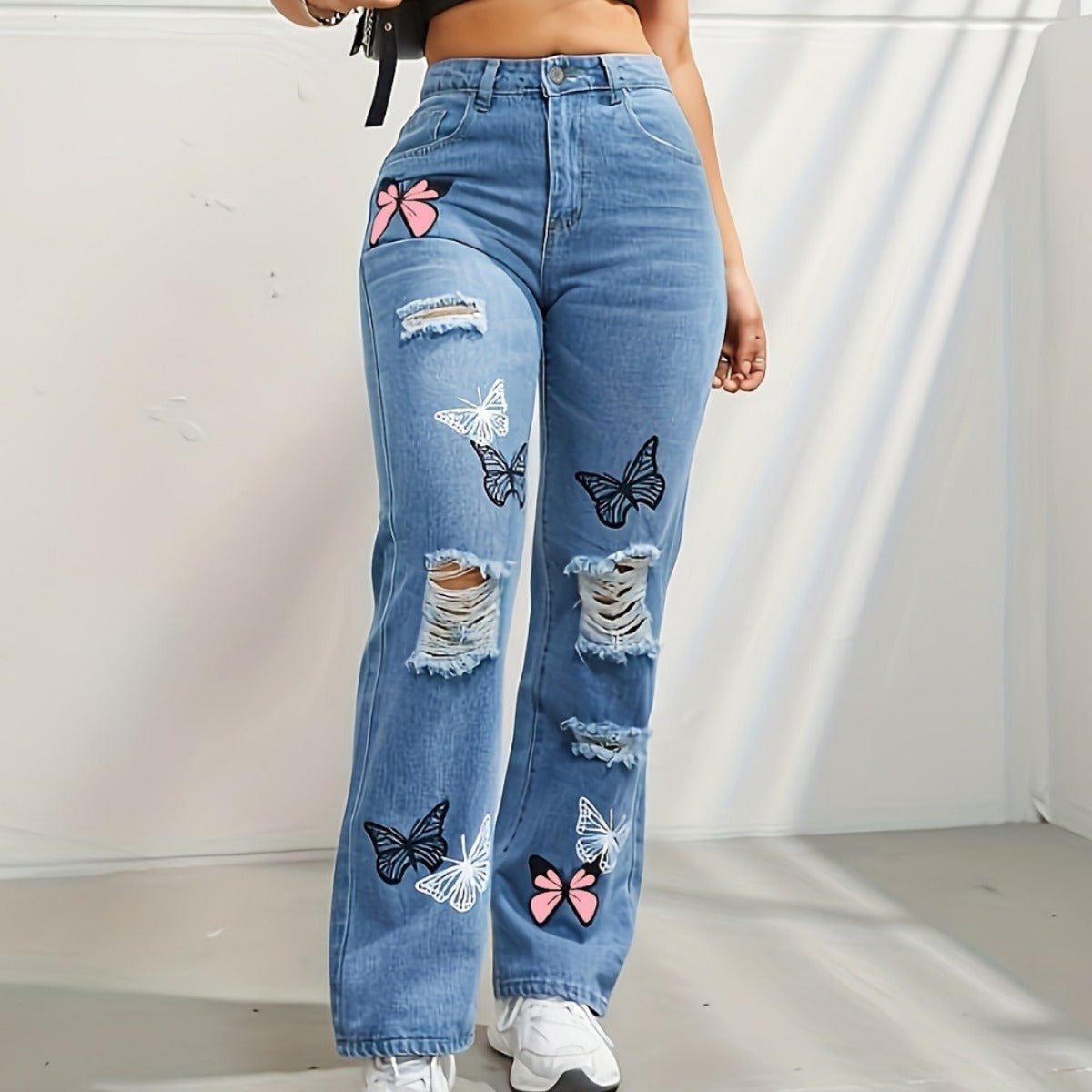 Jeans Taille Haute Droits Femme Imprimé Papillon Dénim Distressé - Allomarc.com