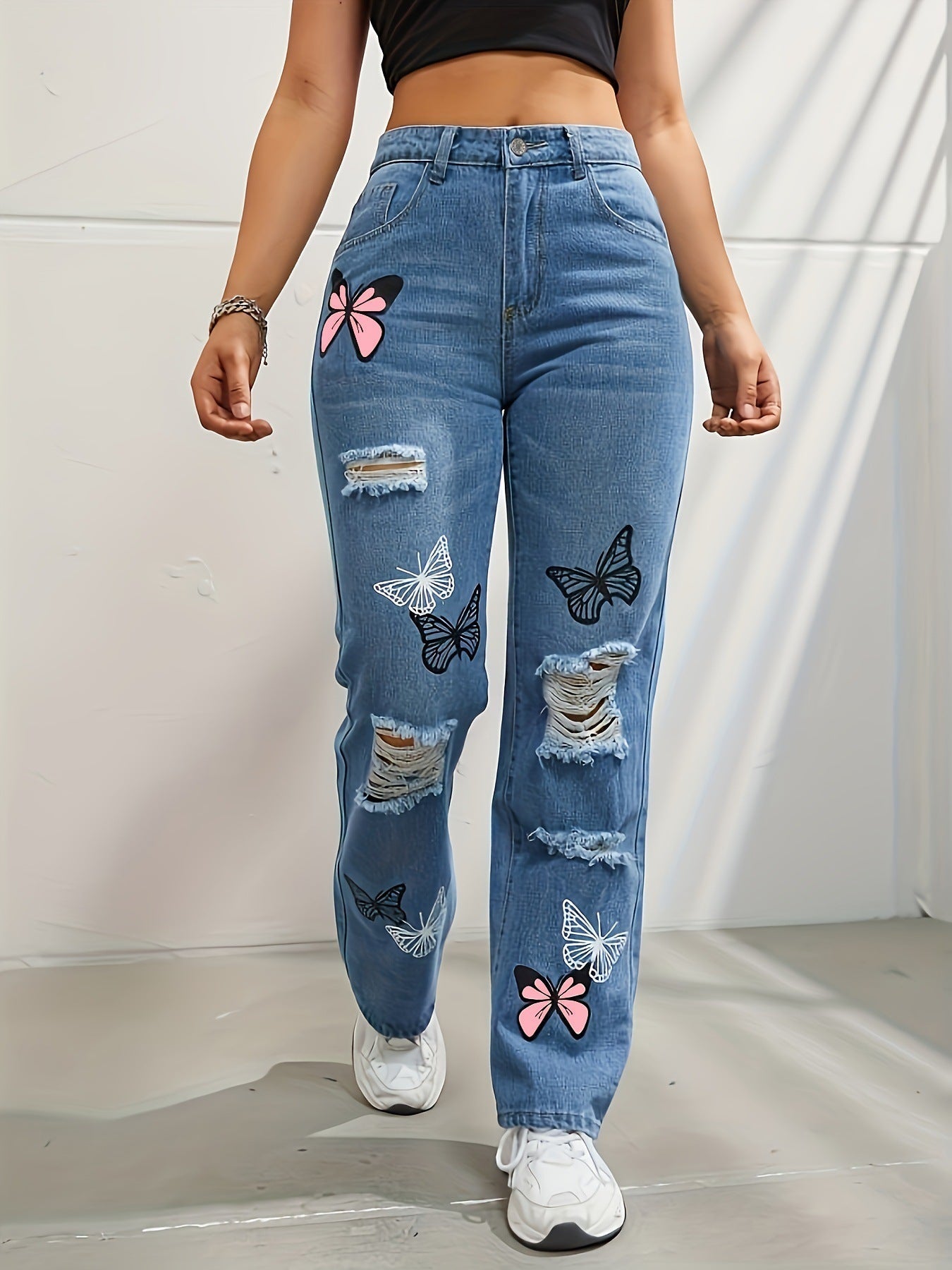 Jeans Taille Haute Droits Femme Imprimé Papillon Dénim Distressé - Allomarc.com