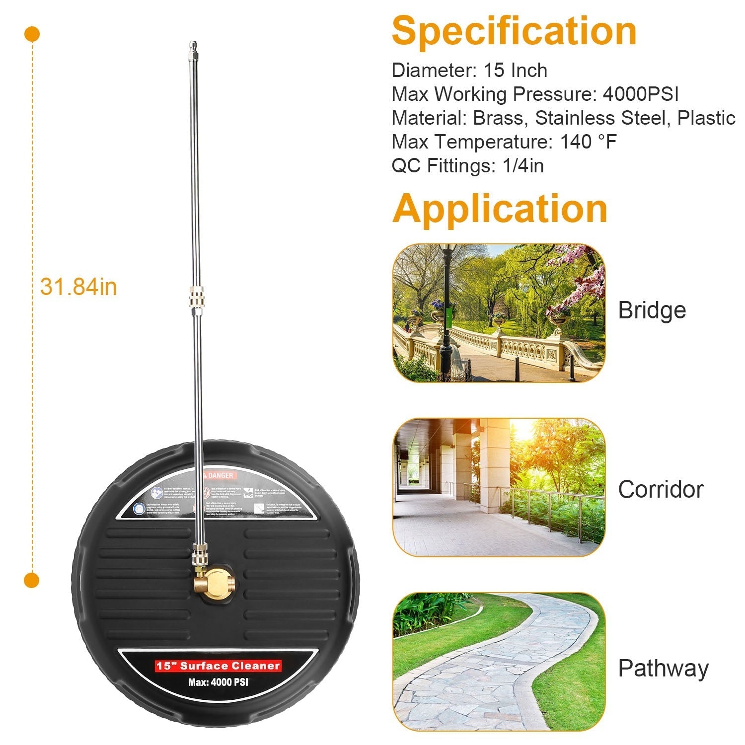 Kit de Nettoyage à Haute Pression de 15 pouces - Nettoyeur de Surface 4000PSI avec 2 Extensions et 2 Buses de Remplacement - Allomarc.com