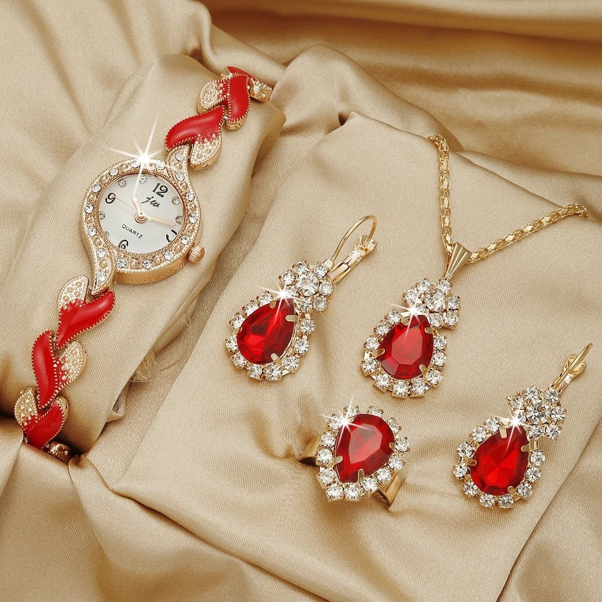 Montre de Mode avec Bijoux Complémentaires : Montre Quartz, Collier, Bracelet, Bague et Boucles d'Oreilles - Allomarc.com