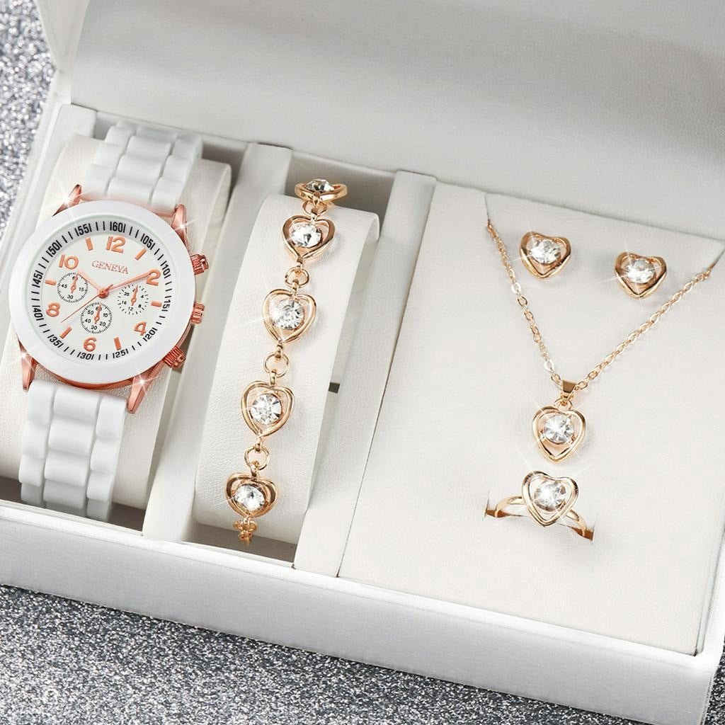 Montre de Mode avec Bijoux Complémentaires : Montre Quartz, Collier, Bracelet, Bague et Boucles d'Oreilles - Allomarc.com