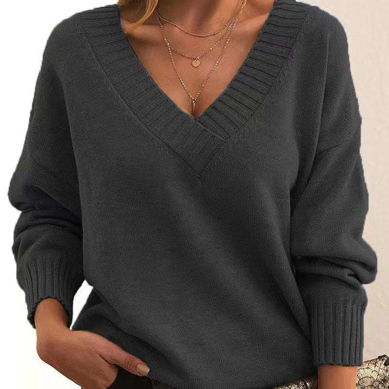 Pull V - col en Tricot Long Manches Larges pour Femmes - Mode Automne Hiver - Allomarc.com