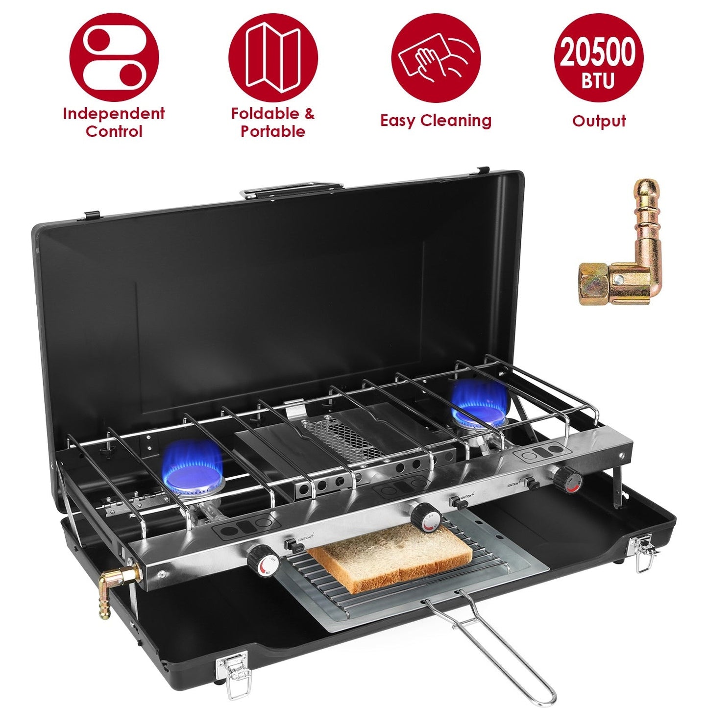 Réchaud de Camping Portable à 3 Brûleurs 20000 BTU avec Plateau à Toast et Pare - vent - Allomarc.com