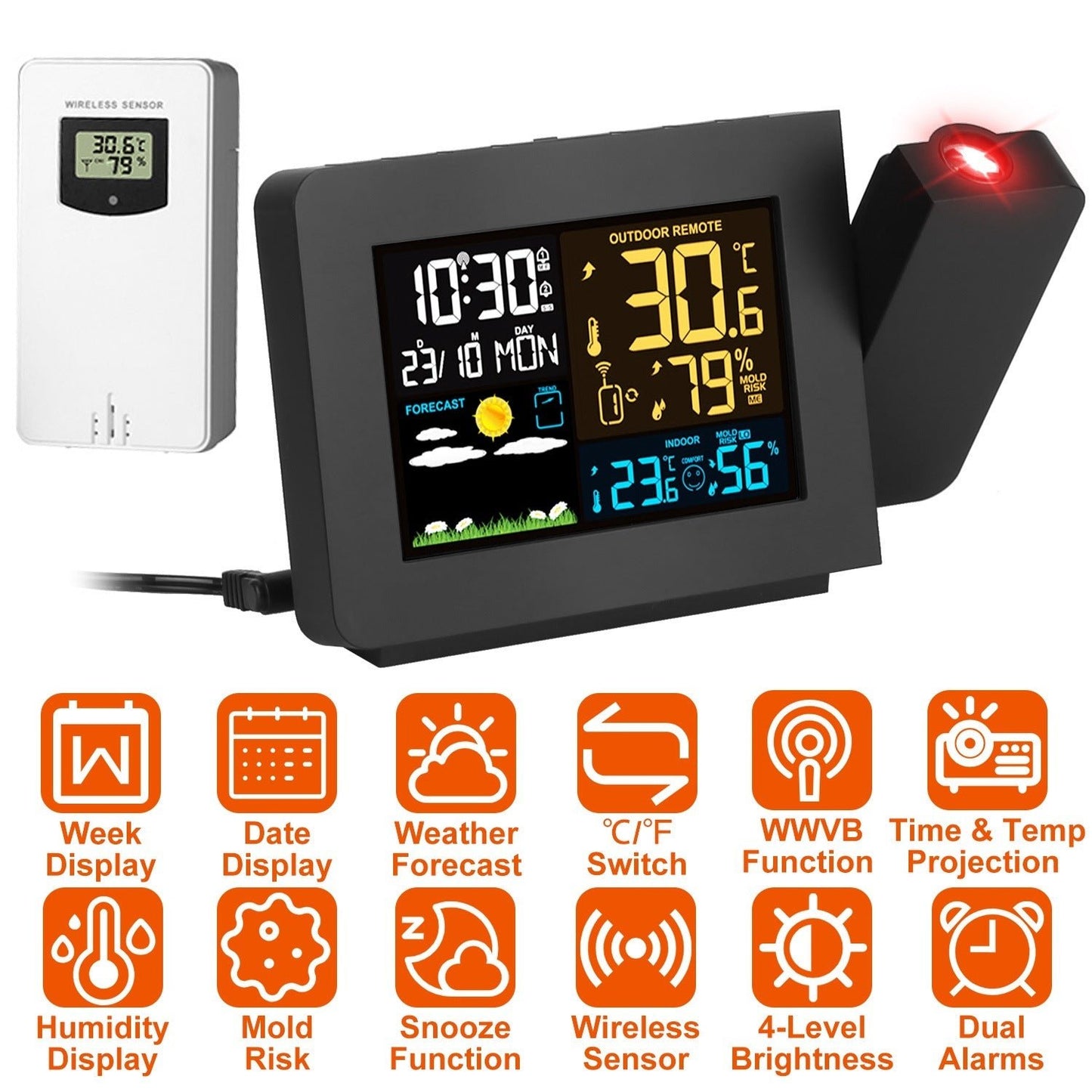 Réveil Projeteur Atomique avec Fonction Radio Contrôle et Station Météo - Allomarc.com