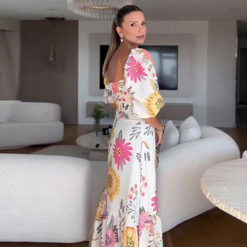 Robe à Manches Bouffantes avec Col Carré et Taille Cintrée - Allomarc.com