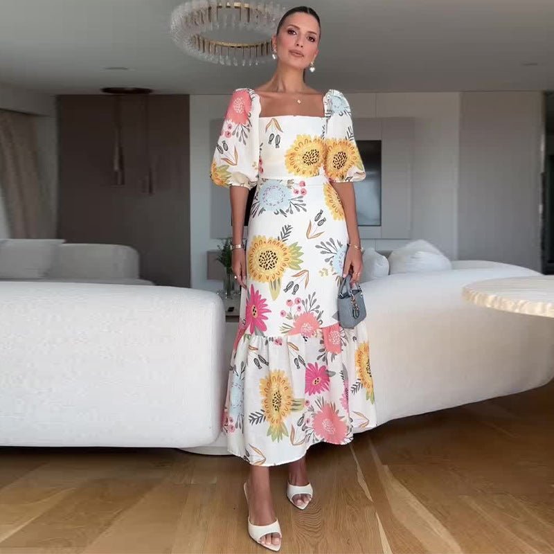 Robe à Manches Bouffantes avec Col Carré et Taille Cintrée - Allomarc.com