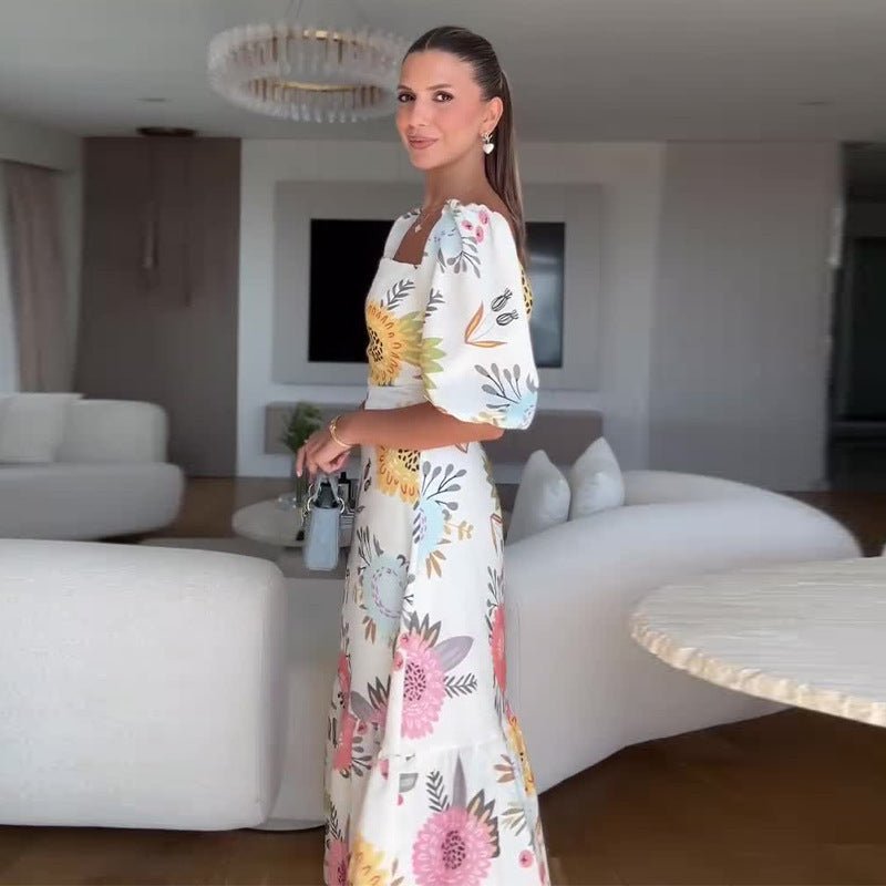 Robe à Manches Bouffantes avec Col Carré et Taille Cintrée - Allomarc.com