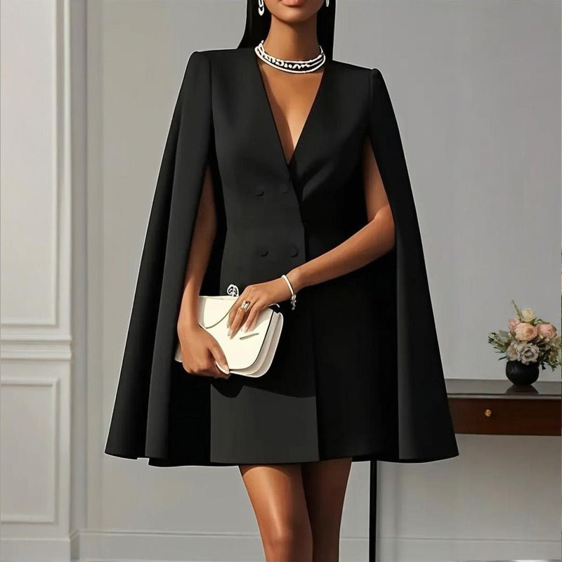 Robe Blazer Cape Élégante Femme en Couleur Unie avec Col V Double Boutonnage pour Printemps & Été - Allomarc.com