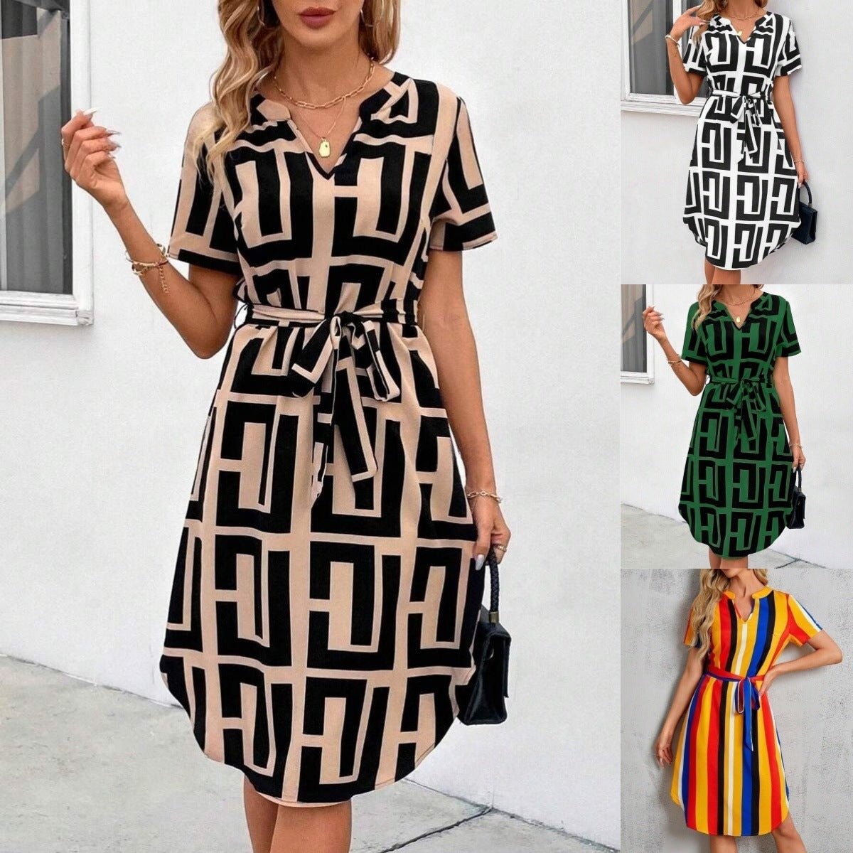 Robe d'été décontractée à manches courtes à rayures en V - Allomarc.com