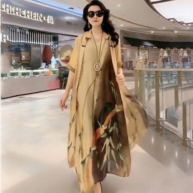 Robe en Soie Artificielle Mélangée à Imprimé - Ensemble Deux Pièces - Allomarc.com