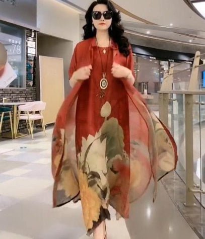 Robe en Soie Artificielle Mélangée à Imprimé - Ensemble Deux Pièces - Allomarc.com